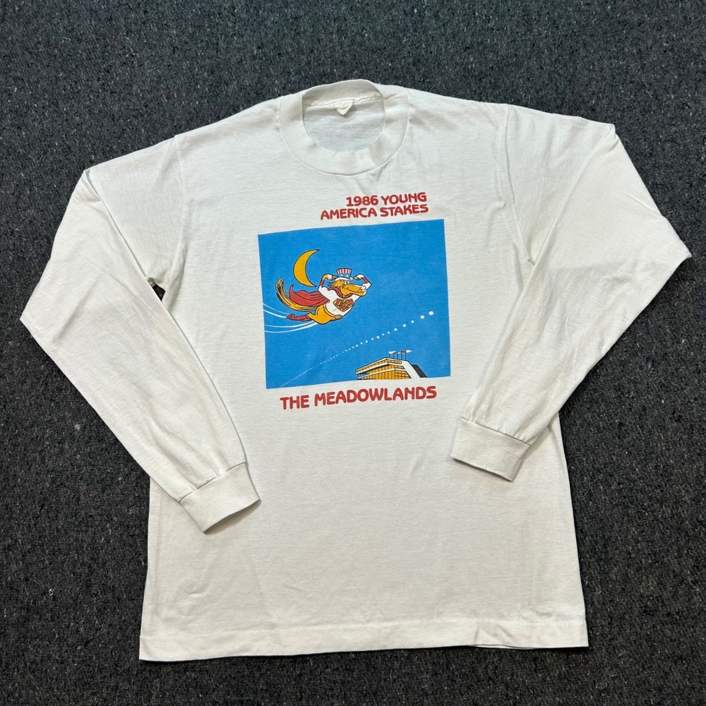 Vintage 1986 Young America Stakes Shirt M Mens White Meadowlands Long Sleeve Tee